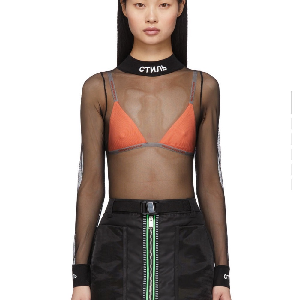 Heron Preston Black Sheer Bodysuit with Orange Bralette